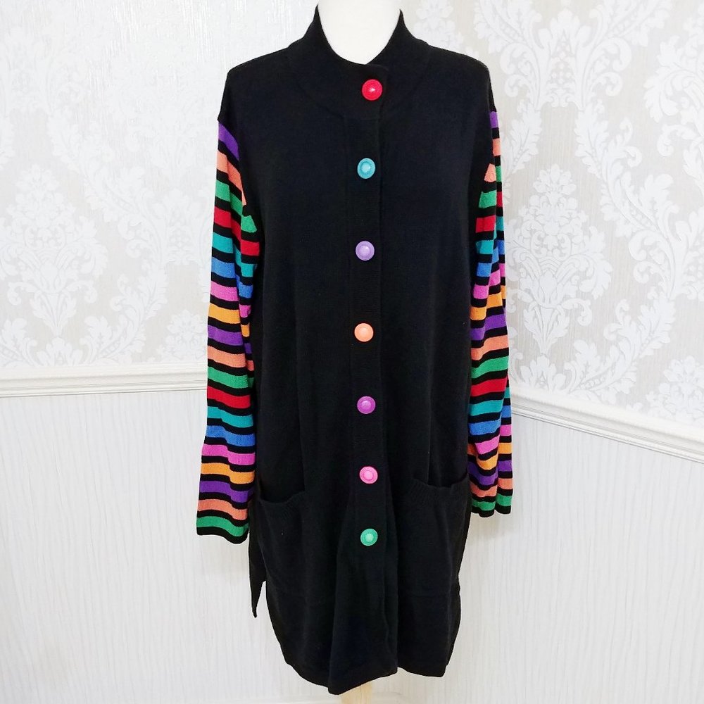 EUC Bob Mackie Wearable Art Long Duster Cardigan Sweater Jacket Striped Sleeves